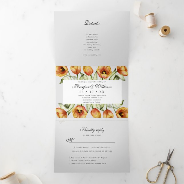 Watercolor spring tulips all in one Tri-Fold invitation (Inside)