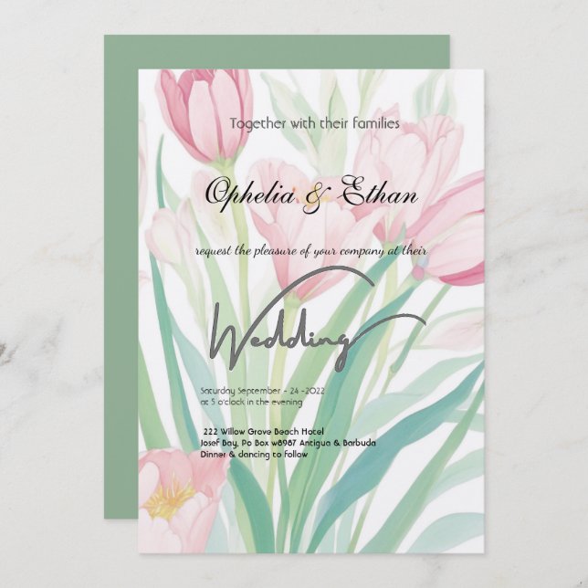 Watercolor Spring Tulips, Wedding Invitation (Front/Back)