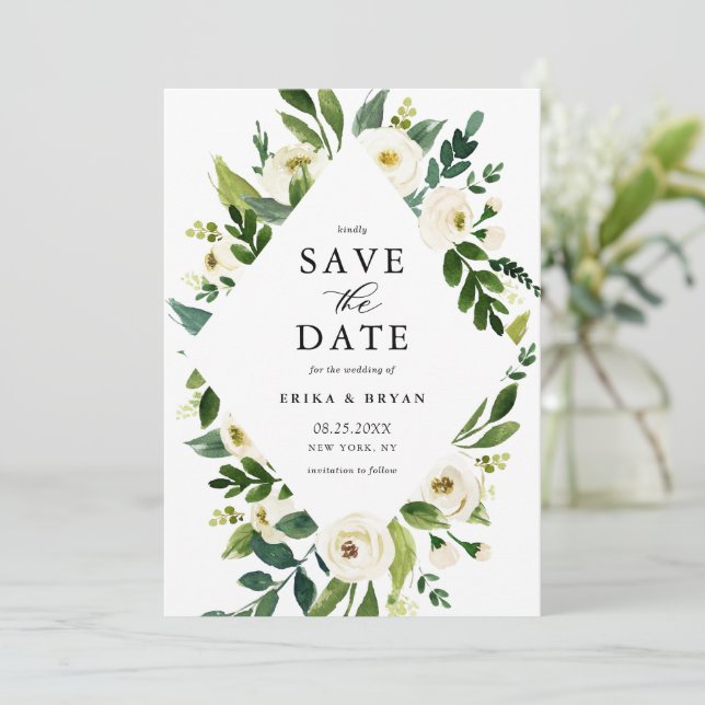 Watercolor Spring White Flowers Frame Save The Date (Standing Front)