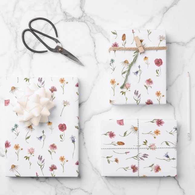 Watercolor Spring Wildflower Botanical Wrapping Paper Sheet (Front)