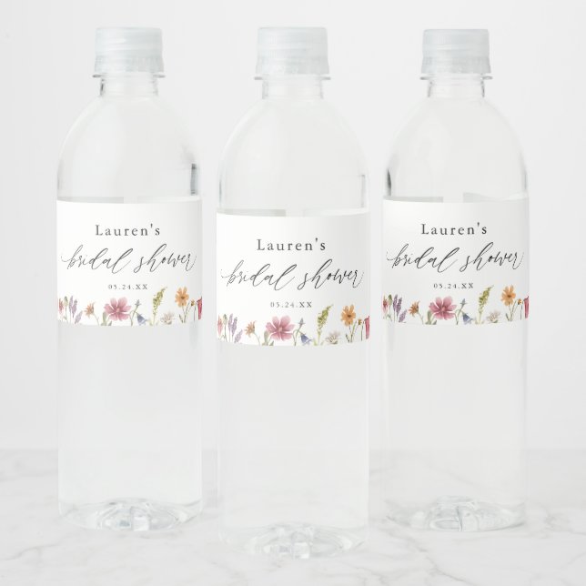 Watercolor Spring Wildflower Bridal Shower Water Bottle Label (Bottles)