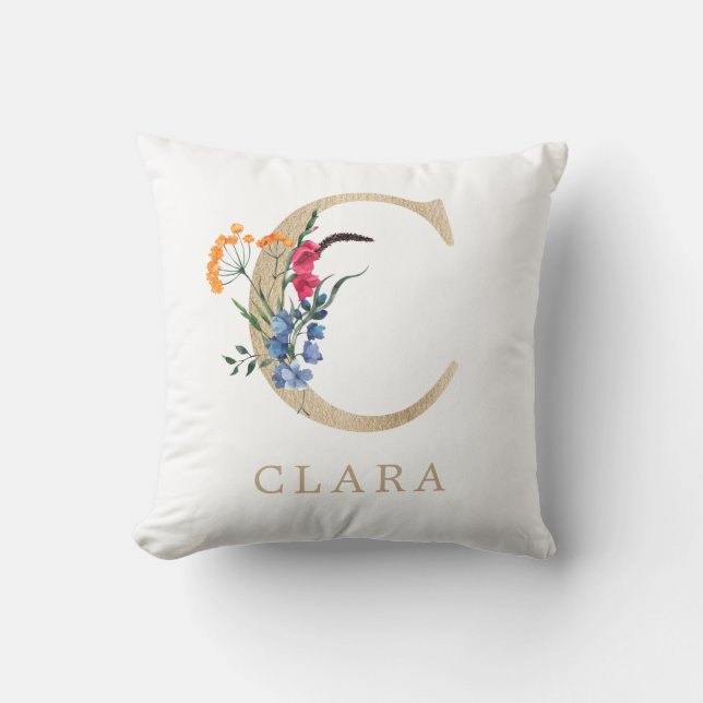 Watercolor Spring Wildflower Faux Gold Letter "C" Cushion (Front)
