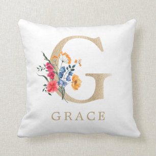 Watercolor Spring Wildflower Faux Gold Letter "G" Cushion