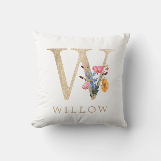 Watercolor Spring Wildflower Faux Gold Letter "W" Cushion (Front)