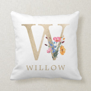 Watercolor Spring Wildflower Faux Gold Letter "W" Cushion