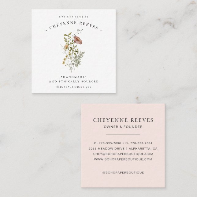 Watercolor Spring Wildflower Square Business Card (Front/Back)
