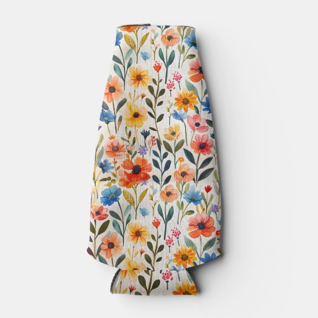 Watercolor Spring Wildflowers Background-99033 Bottle Cooler (Front)