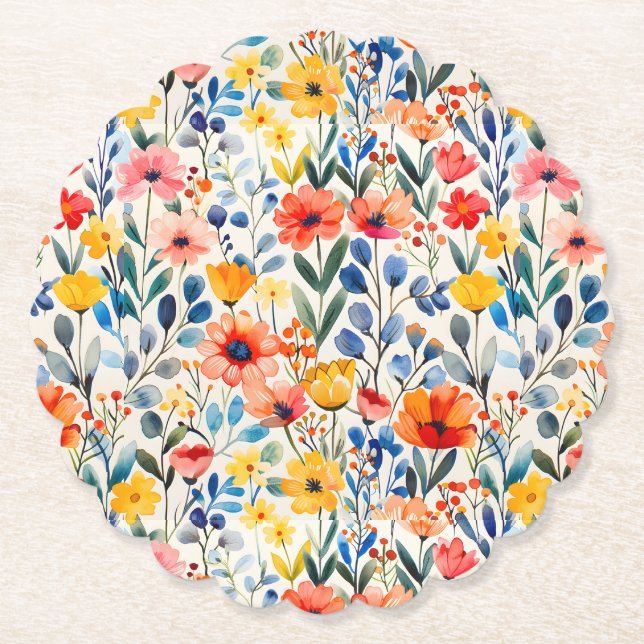 Watercolor Spring Wildflowers Background-99034 Paper Coaster (Front)