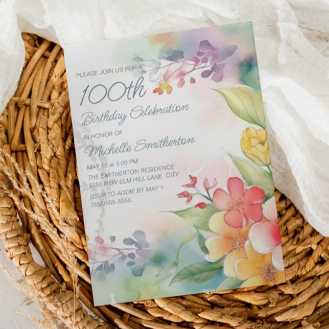 Watercolor Springtime Flowers 100th Birthday Invitation (Creator Uploaded)