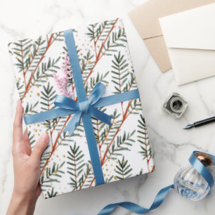 Watercolor Spruce Tree Branches & Gold Splash Wrapping Paper