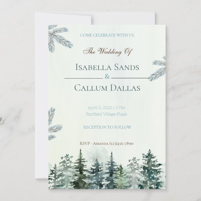 Watercolor Spruce Tree Wedding Invitation (Front)