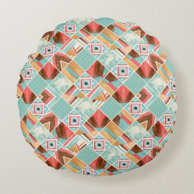 Watercolor square, patchwork geometric background. round cushion (Front)