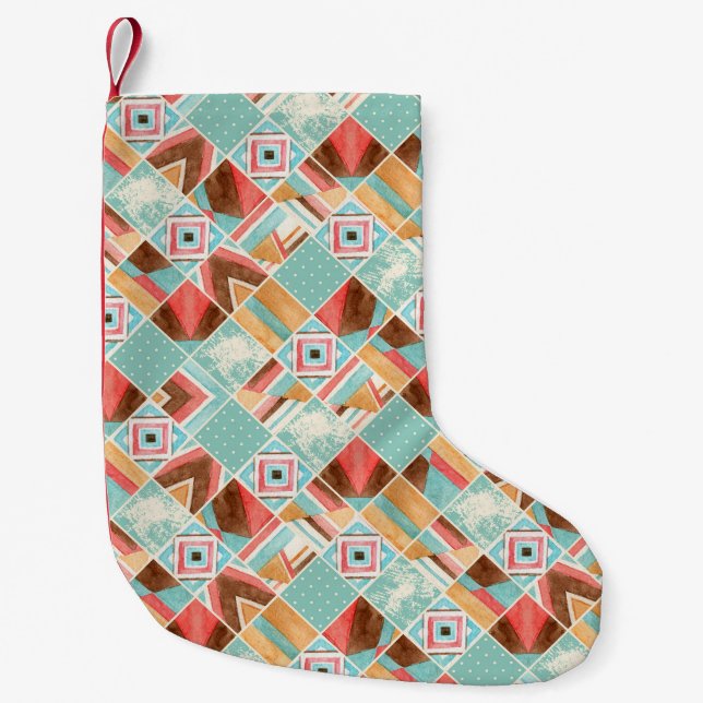 Watercolor square, patchwork geometric background. small christmas stocking (Front)