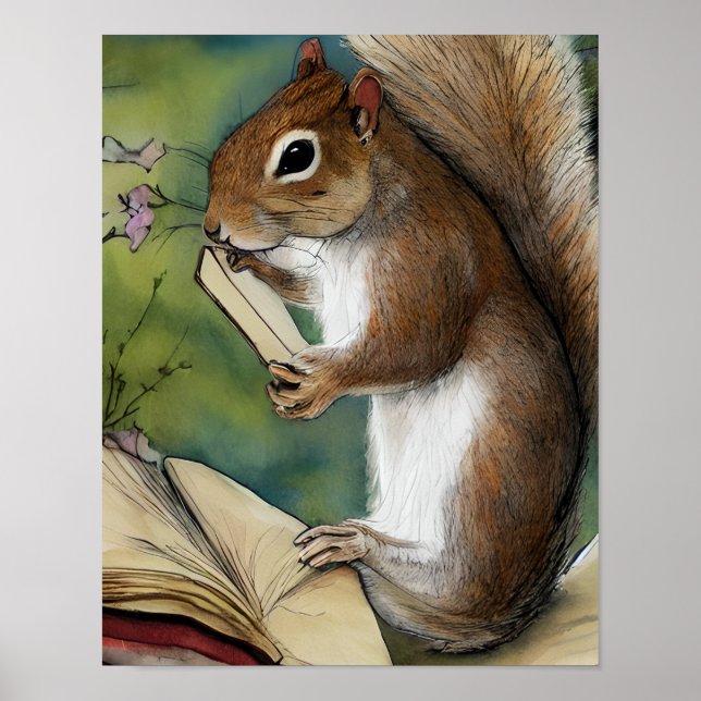 Watercolor Squirrel Reading a Book Poster (Front)