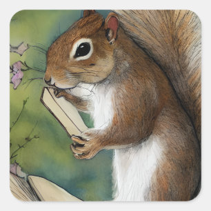 Watercolor Squirrel Reading a Book Square Sticker