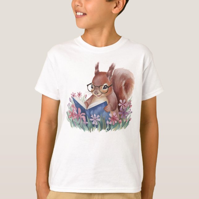 Watercolor Squirrel Reading A Book  T-Shirt (Front)