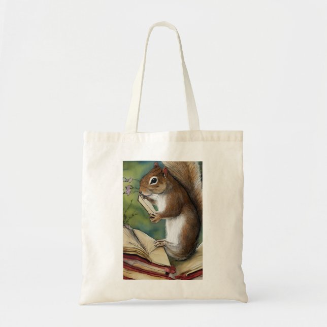 Watercolor Squirrel Reading a Book Tote Bag (Front)