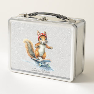 Watercolor Squirrel Skateboard Metal Lunch Box