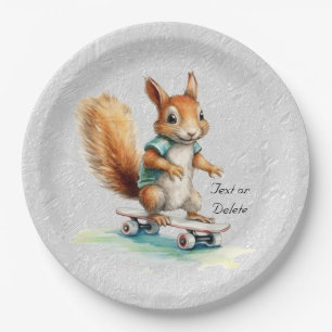 Watercolor Squirrel Skateboard Paper Plate