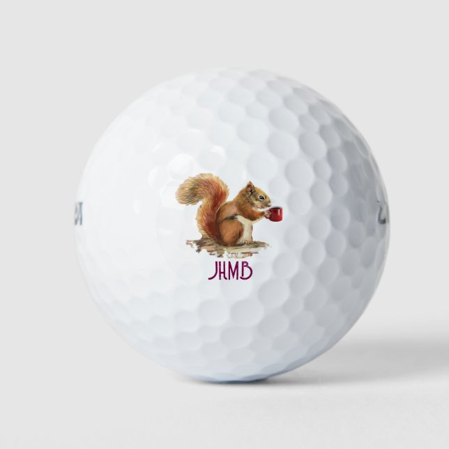 Watercolor Squirrel with Coffee Animal Monogram  Golf Balls (Front)