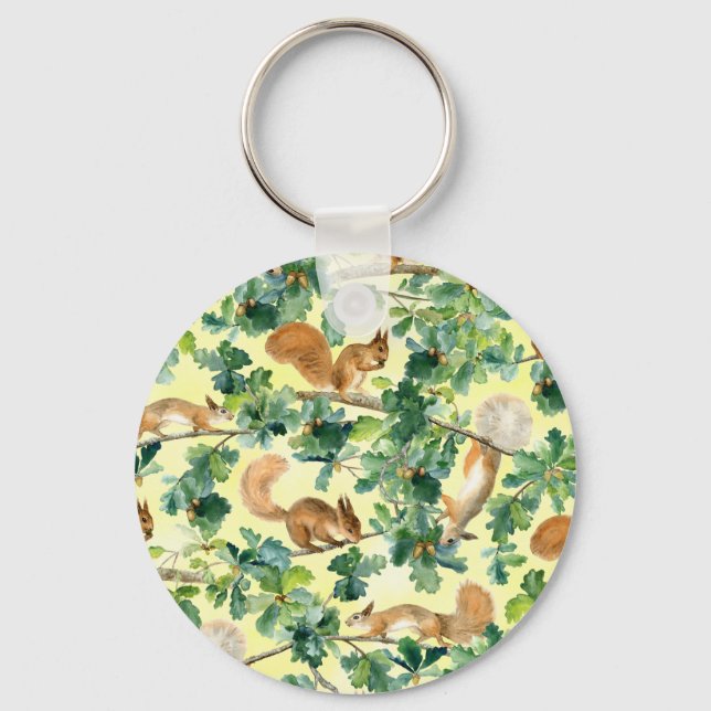 Watercolor squirrels, oak seamless pattern. key ring (Front)
