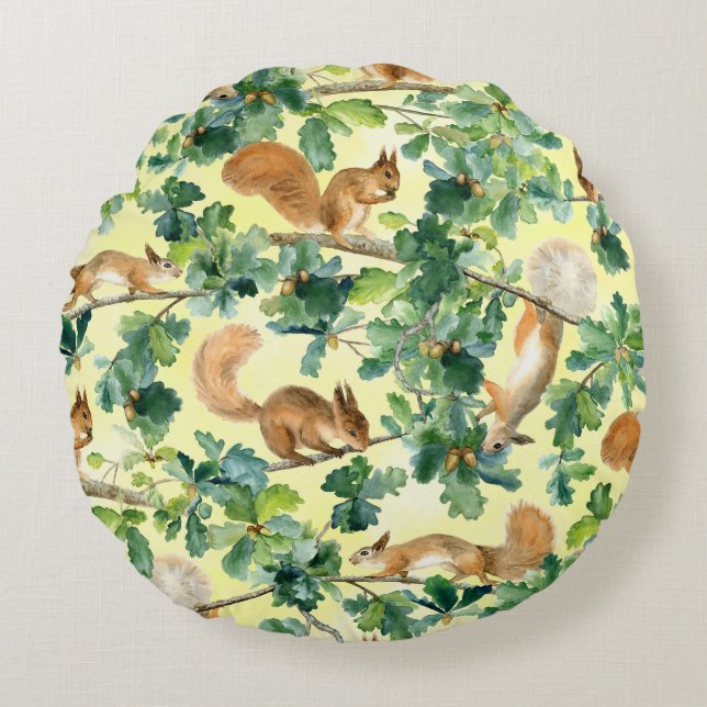 Watercolor squirrels, oak seamless pattern. round cushion (Front)