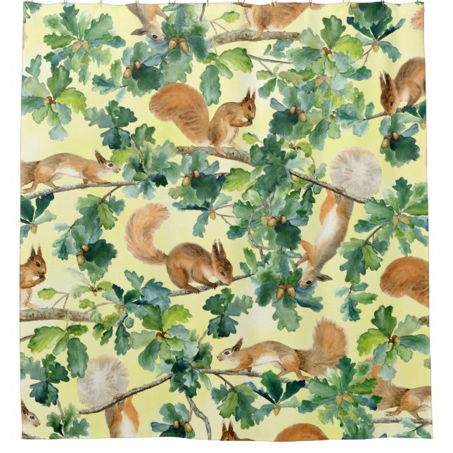 Watercolor squirrels, oak seamless pattern. shower curtain (Front)