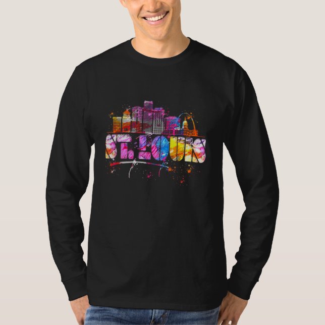 Watercolor St Louis Skyline  St Louis Lettering T-Shirt (Front)