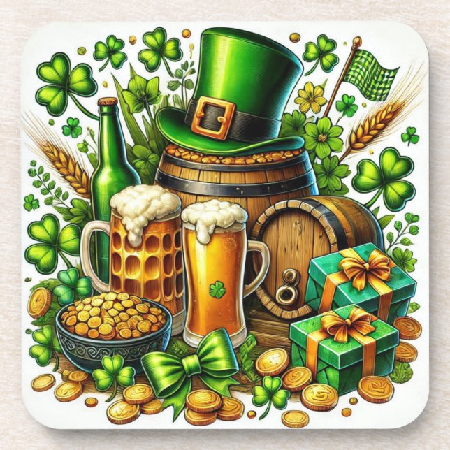 Watercolor St Patrick's Day Beer, Coins & Shamrock Coaster (Front)