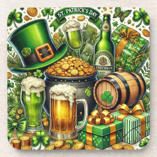 Watercolor St Patrick's Day Beer, Coins & Shamrock Coaster (Front)