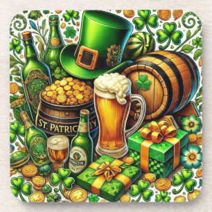 Watercolor St Patrick's Day Beer, Coins & Shamrock Coaster