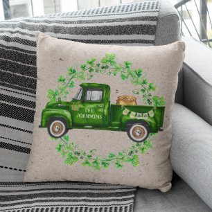 Watercolor St. Patrick's Day Green Truck Clover Cushion