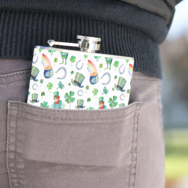 Watercolor St. Patrick's Day Pattern Hip Flask (In Situ)