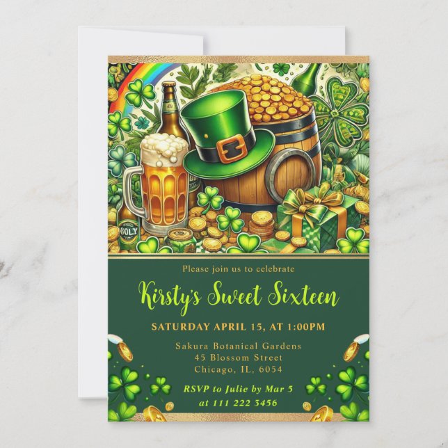 Watercolor St Patrick's Day Sweet Sixteen Invitation (Front)