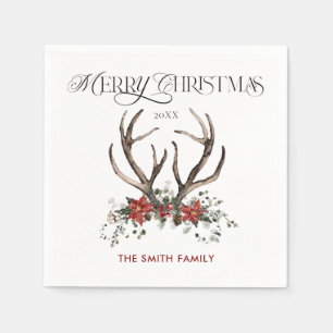 Watercolor Stag Merry Christmas Botanical Napkin