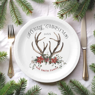 Watercolor Stag Merry Christmas Botanical Paper Plate