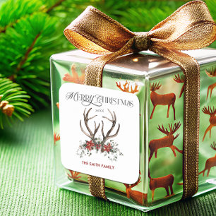 Watercolor Stag Merry Christmas Botanical Square Sticker