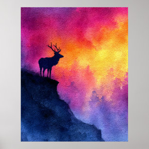 Watercolor Stag on Cliff at Sunset Poster