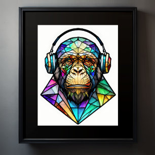 Watercolor Stained Glass Chimp Wearing Headphones Poster