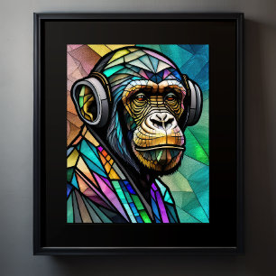 Watercolor Stained Glass Chimp Wearing Headphones Poster