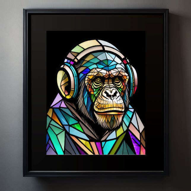 Watercolor Stained Glass Chimp Wearing Headphones Poster (Creator Uploaded)