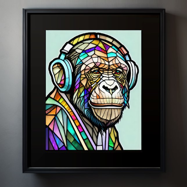 Watercolor Stained Glass Chimp Wearing Headphones Poster (Creator Uploaded)