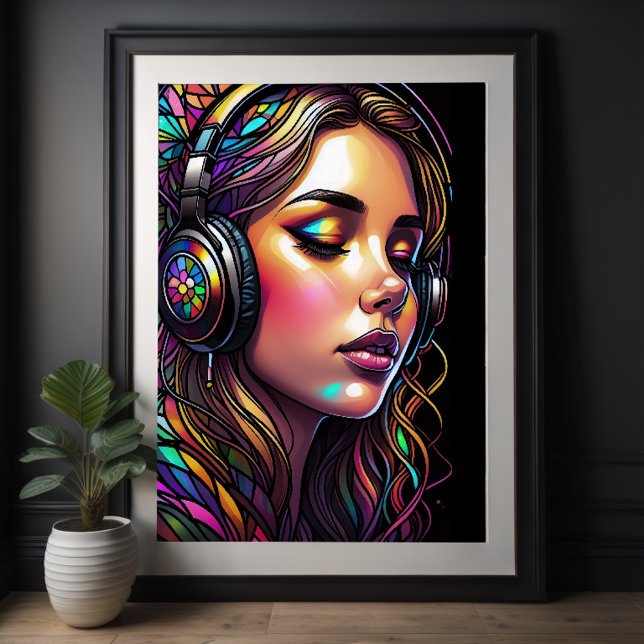 Watercolor Stained Glass Girl Wearing Headphones Poster (Creator Uploaded)