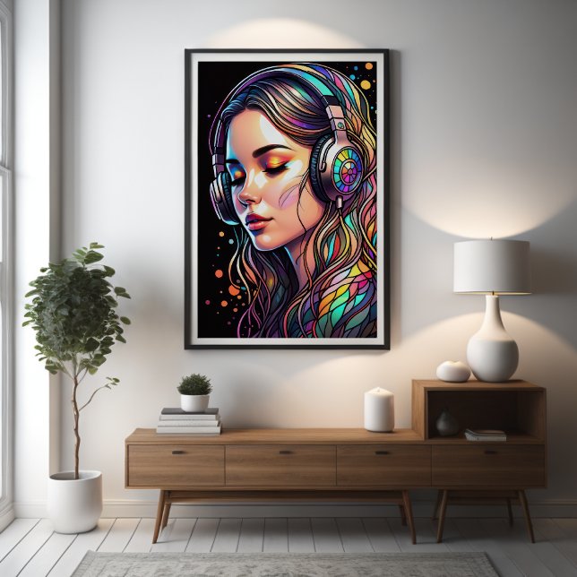 Watercolor Stained Glass Girl Wearing Headphones Poster (Creator Uploaded)