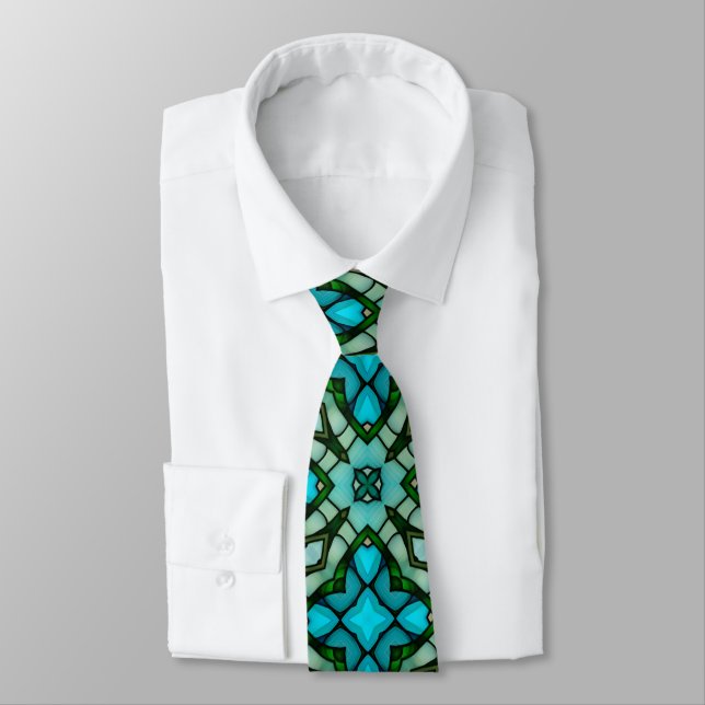Watercolor Stained Glass Green Blue Spring Summer Tie (Tied)