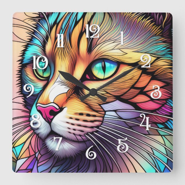 Watercolor Stained Glass Style Cat II Square Wall Clock (Front)
