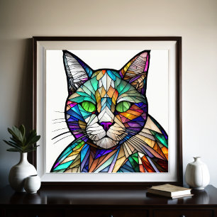 Watercolor Stained Glass Style Cat Poster