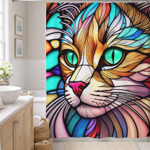 Watercolor Stained Glass Style Cat Shower Curtain
