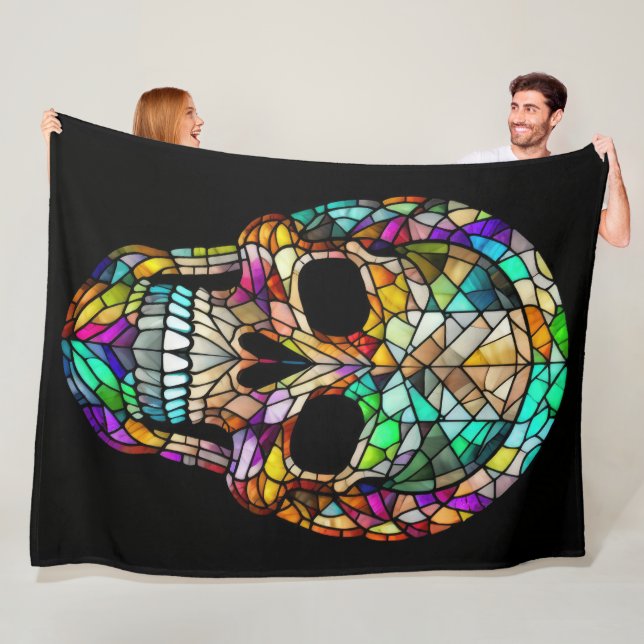 Watercolor Stained Glass Style Skull Fleece Blanket (In Situ)