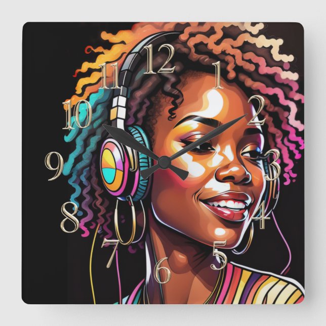 Watercolor Stained Glass Woman Wearing Headphones Square Wall Clock (Front)
